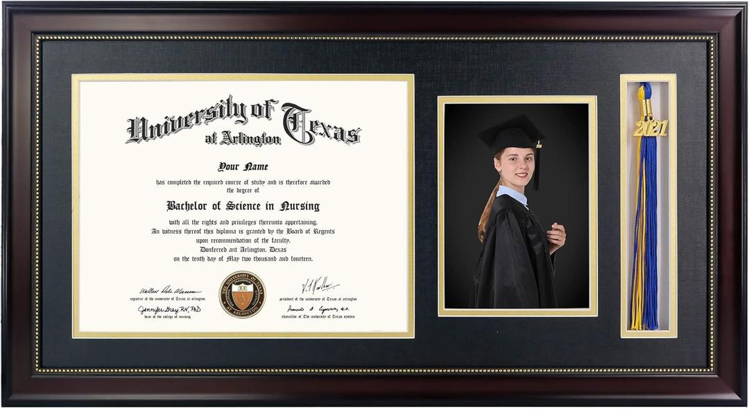 GraduationMall 11x22 Mahogany Diploma Frame with Tassel Holder and Picture for 8.5x11 Certificate 5x7 Photo,Real Glass,Black over Gold Mat