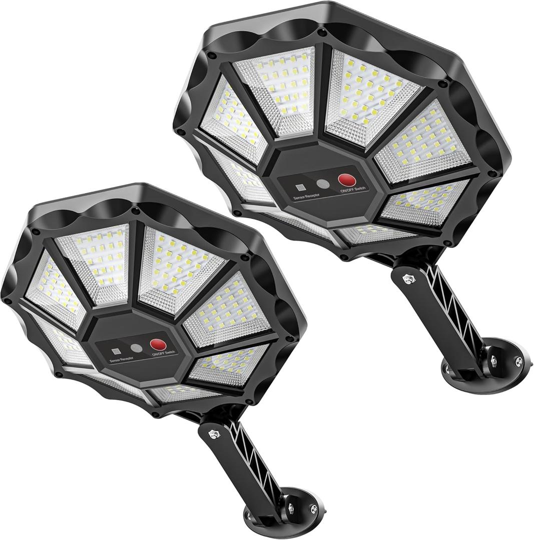 Solar Lights Outdoor - 6500K Solar Street Lights Outdoor, Motion Sensor&Dusk to Dawn Flood Light, 168LED 8 Sides 360Wide Angle Security street Light, IP66 Waterproof with Remote for Yard/Pool (2 Pack)