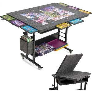 Tektalk 2000 Piece Foldable Felt Jigsaw Puzzle Table with Height Adjustment, Puzzle Board for Adults with 2 Cover & 8 Sorting Trays/Drawers, Easel with Legs, Enclosed with 4 Roller Wheels (Dark Gray)