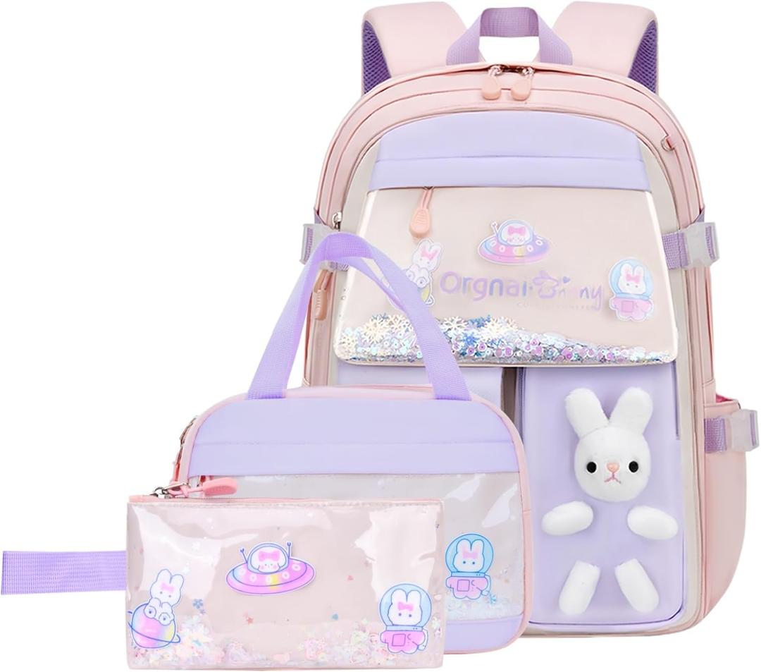 VIDOSCLA 3Pcs Bunny Backpack for Girls Kawaii Kids Backpack Girls Backpack with Lunch Box Set-3Pcs Pink L