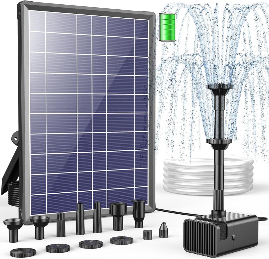 Antfraer Solar Fountain Pump Built-in 3000mAh Battery, 8W Solar Powered Bird Bath Fountain, Solar Water Pump for Bird Bath with Dry-Run Protection & 8 Nozzles & Tubing for Bird Bath Pond Fish Tank