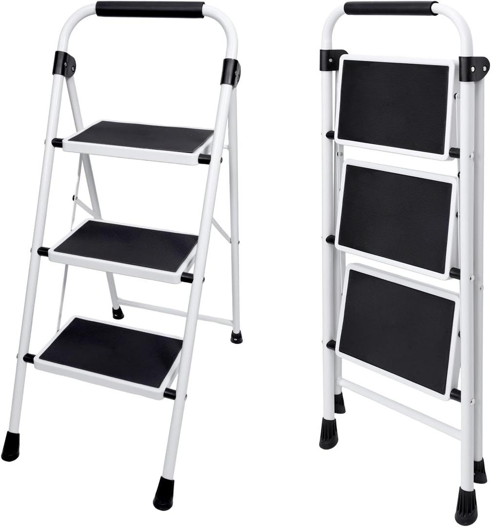 DUMOS Step Ladder, 3 Sturdy Step Stool with Anti-Slip Pedal & Comfortable Handrail, Foldable Heavy Duty Step Stool for Kitchen, Garage & Outdoor Use, 330lbs, Black