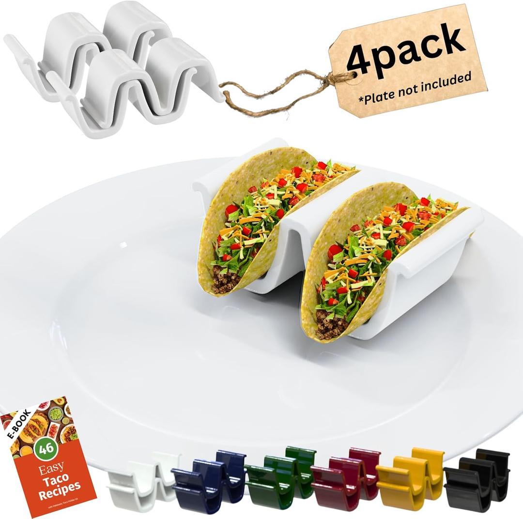 HolaTasty Taco Holders Set of 4 Ceramic, Dual Taco Stand for Dinner Plate - Compact Taco Rack 2-Slot for Hard Shell Tacos, Tuesday Taco Server Mini Taco Holder, Taco Heater for Microwave Oven, White