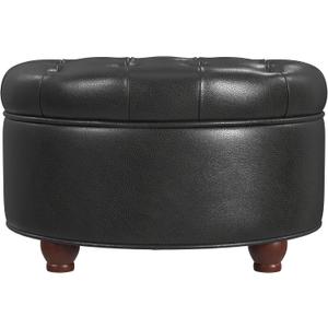 HomePop 25" Button Tufted Round Storage Ottoman - Black Faux Leather, 25"D x 25"W x 15"H