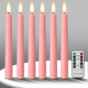 FREEPOWER Pink LED Taper Candles with Remote Flameless Battery Operated Window Candles with 3D Black Wick& Cycle Timer for Table Centerpieces, Christmas and Home Decor, Pack of 6