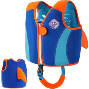 Pottwal Swim Vest for Kids - Swim Jacket for 2-3 Years (33-40LBS) - Made of Neoprene & EPE - with 8 Pockets for Detachable EPE - Blue and Orange-Shark