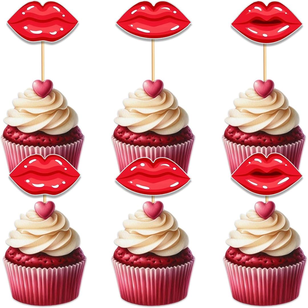 W 18pcs Red Glitter Cupcake Topper for Big Lip Theme Party Favors Decorations Women Lady Happy Birthday Bachelorette Bridal Shower Party Decor Supplies