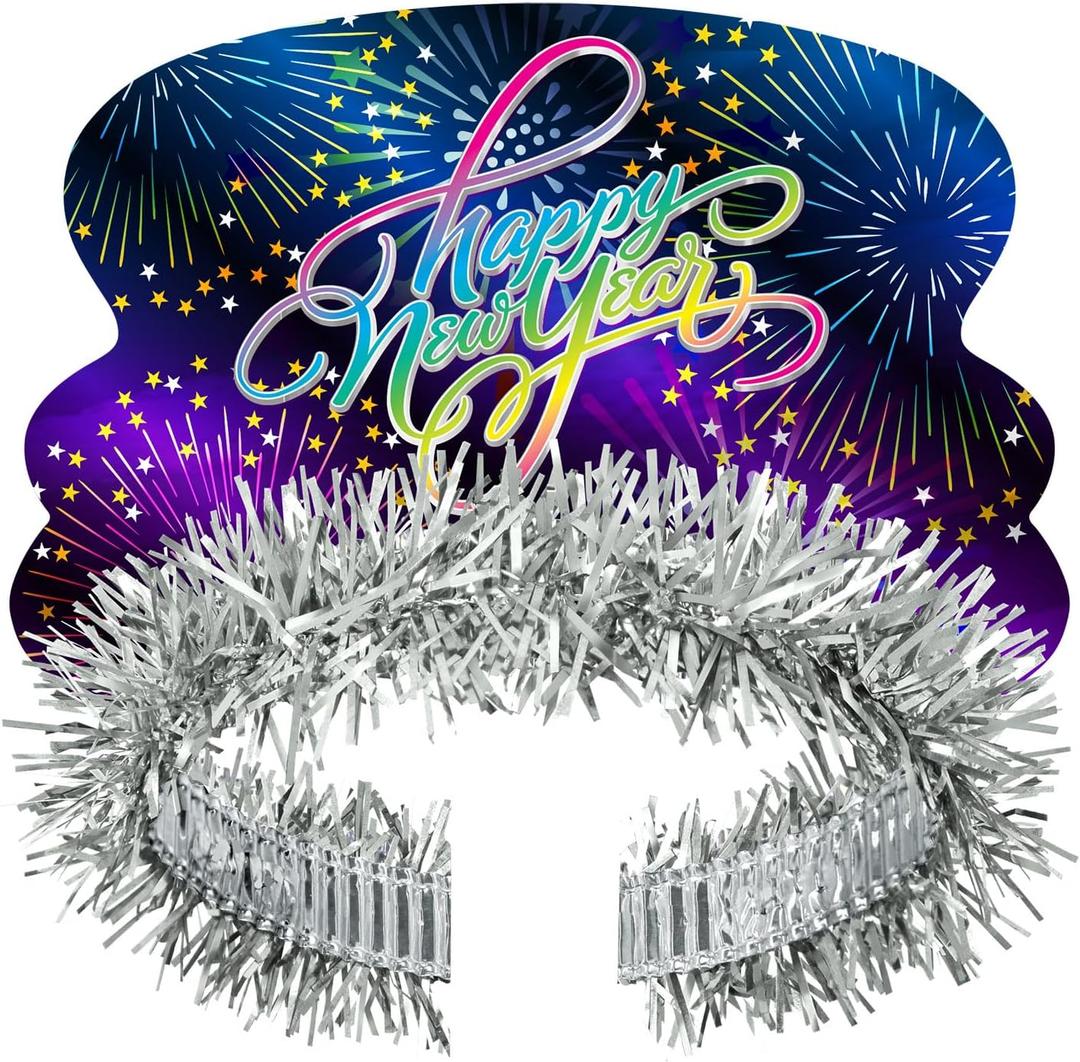 Beistle 25-Pack New Year's Eve Celebration Tiaras, Metallic with Fireworks Design and Silver Fringe, Perfect Party Favors for NYE Events