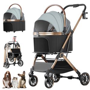 4 Wheels Pet Stroller for Small Medium Dogs Cats Up to 45 lbs Folding Dog Stroller with Detachable Breathable Carrier Suitable for Car Seat, Hand Carry & Travel, All Terrain, 3 in 1 Multifunctional