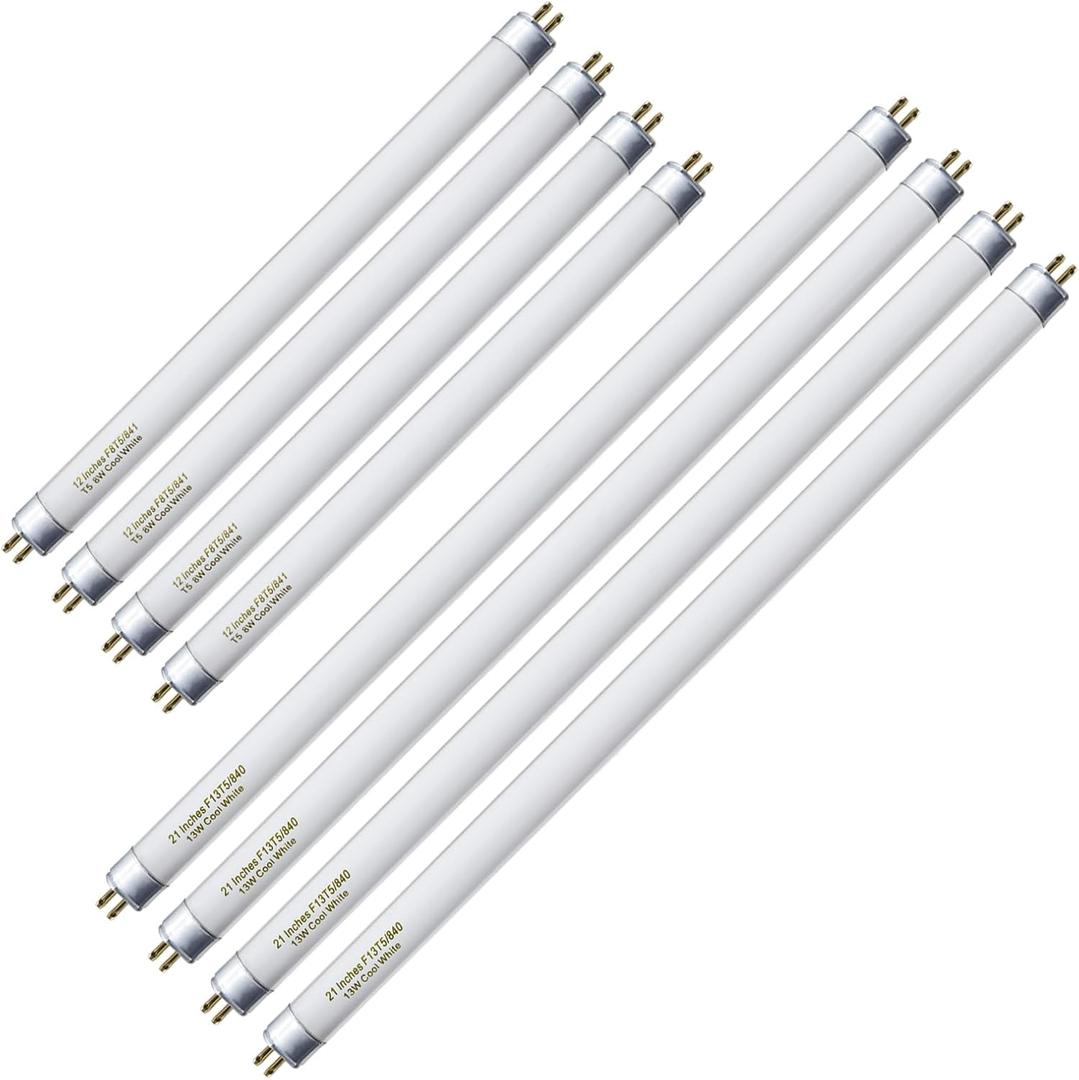 Konideke (4 Set) F8T5/CW 8 Watt and F13T5/CW 13 Watt, T5 12 Inches 8W and 21 Inches 13W Under Counter Fluorescent Light Bulbs, Cool White 4100K G5 Cap