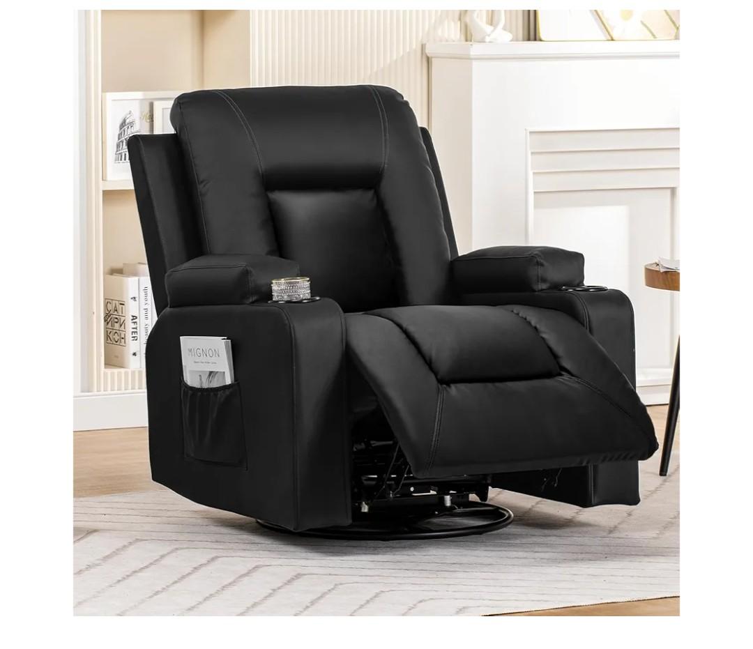 COMHOMA Recliner Chair, Swivel Rocker Recliners, Reclining Sofa with Side Pockets, Cup Holders for Living Room, Bedroom (Black)