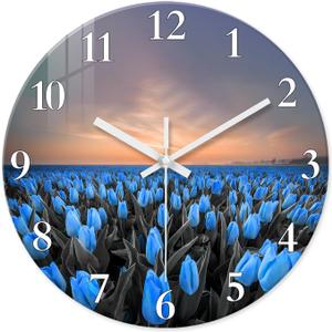 XFM Round Wall Clock 16 Inch Silent Wall Clocks Battery Operated Blue Tulip Flowers Glass Clock Decorative for Kitchen Living Room Bedroom Office