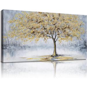 Belmrxne Tree of Life Wall Art Gold Small Wall Decor Landscape Canvas Painting Funny Artwork for Entryway Hallway Bathroom Living Room Bedroom Dining Room 12x24 Inches