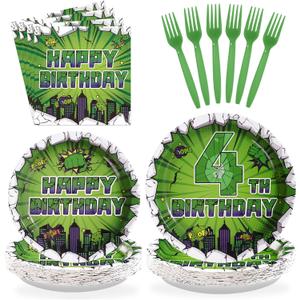 96Pcs Green Hero 4th Birthday Party Supplies Super Green Hero 4th Birthday Plates and Napkins Cityscape Super Bang Cartoon Movie Tableware Set for Kid 4 Year Old Party SuppliesServes 24