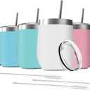 6 Pack 12 oz Stainless Steel Wine Tumbler with Lids, Double Wall Vacuum Insulated Travel Cup Including 6 Straws Set for Coffee, Cocktail, Drink, Tea and Beer (Assorted Colors)