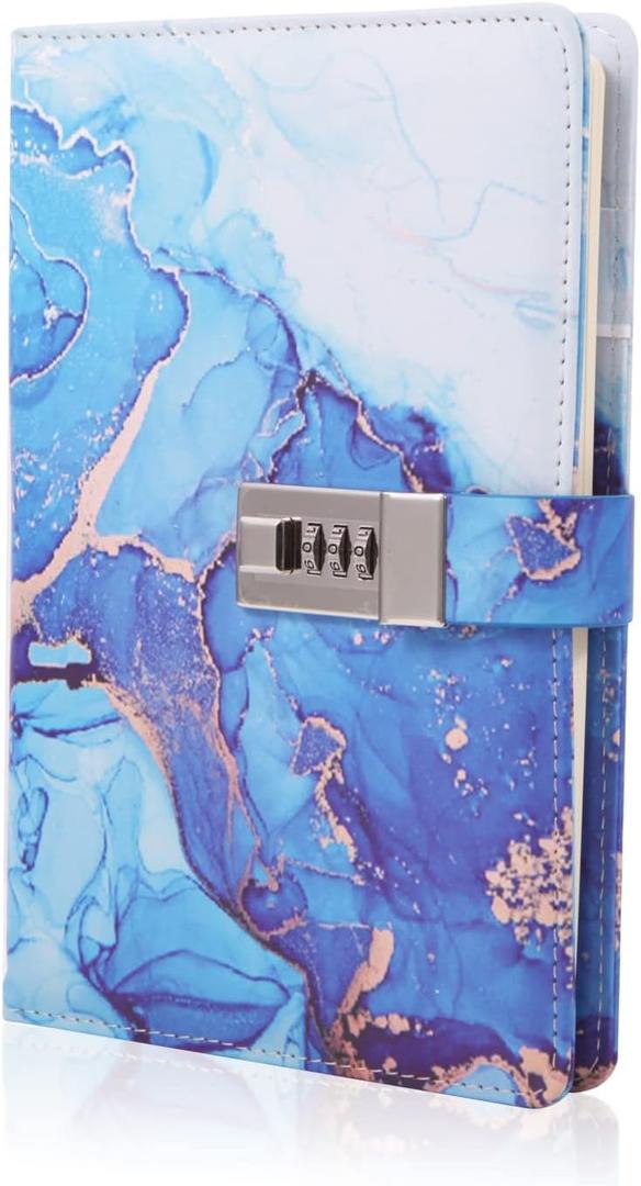 Marble Diary with Lock for Girls and Women, A5 Leather Locked Journal for Teen Girls, Secret Cute Password Lock Notebooks with Pen Holder for Travel Diary Office Notepad (Dark Blue)