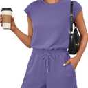 ANRABESS Rompers for Women Summer 2026 Casual Cap Sleeve Crewneck Drawstring One Piece Jumpsuit Outfits with Pockets (Small, Light Purple)