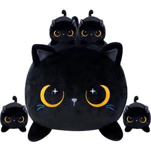 Black Cat Plush Cute Cat Stuffed Animal with 4 Baby Soft Pillow Christmas, Thanksgiving, Birthday Gift for Girls Boys Kids Decor