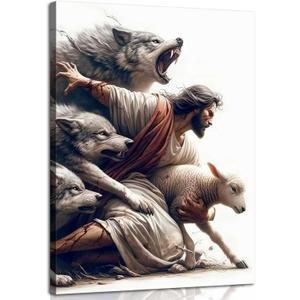 Framed Jesus and Lamb Wall Art Jesus Protecting Lamb from Wolves Canvas, 24L"x16W" Canvas