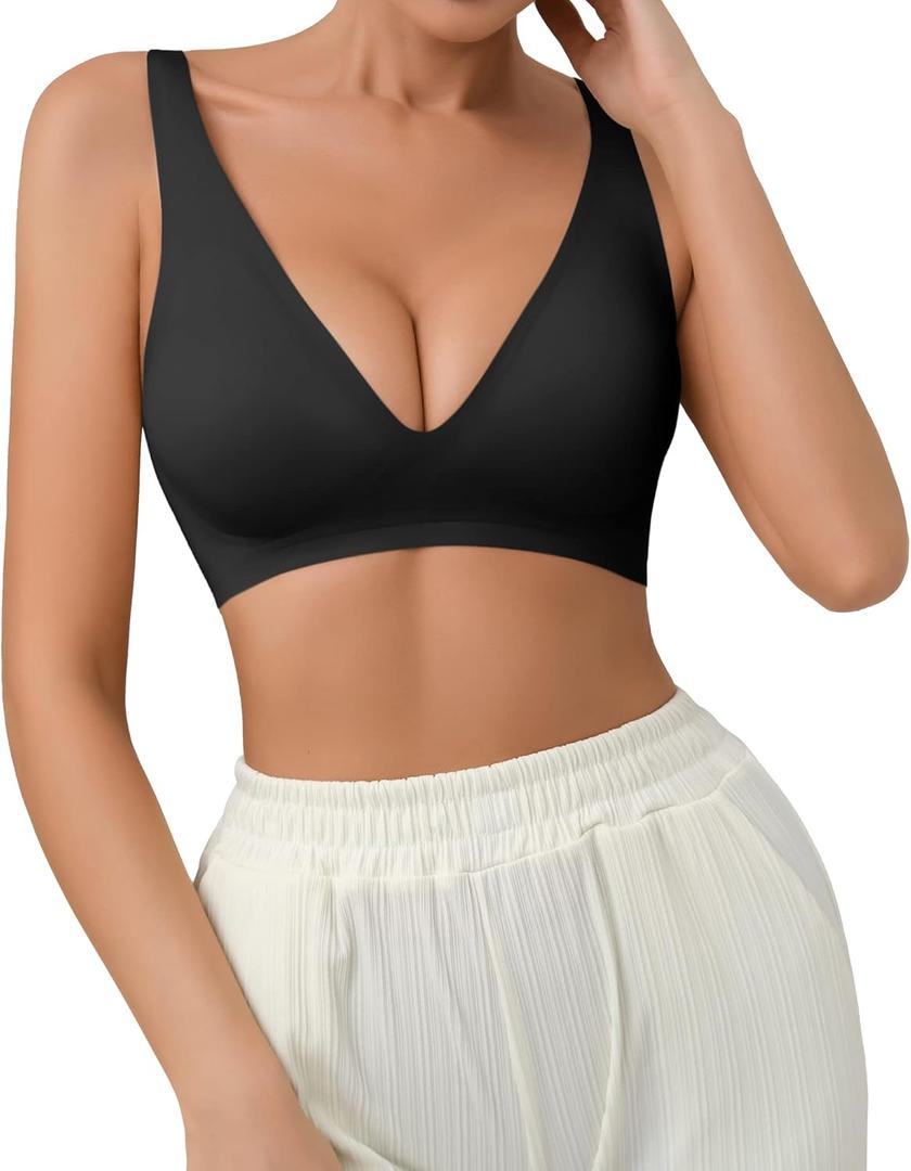 SHARICCA Pro Seamless Bra for Women Deep V Neck Wirefree Bra Adjustable Strap Comfort Sleep Bra Removable Padded Bralette (Large, Black)