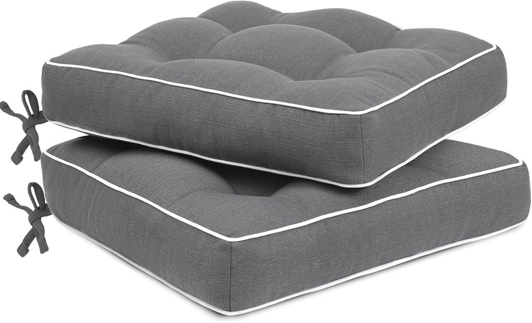 Favoyard Patio Cushions 19 x 19 Inch Indoor & Outdoor Chair Cushions Water-Resistant Seat Cushion for Patio Furniture 3-Year Color Fastness Square Tufted Couch Chair Pads with Ties, 2 Pack, Dark Gray
