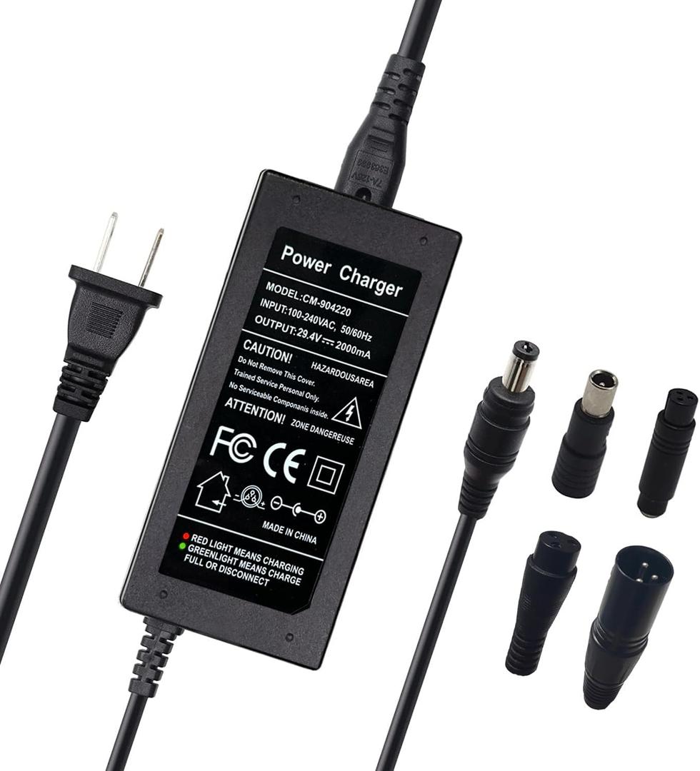 29.4V 2A Charger 5 Plugs for Scooter 24V 25.2V 25.6V Lithium Battery, Pack DC 5.5 * 2.1 with 8mm 3 Prong/ 12mm 3 Prong/ 8mm RCA/ 3-Pin Male XLR Connector