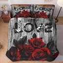 WeCozy Queen Size Comforter Set with 2 Pillowcases, Red Rose Flower 3 Pcs Bedding for Kids and Adults, Summer Vintage Woodboard Soft Comforter Set for Bedroom Bed Decor (Multi 4)