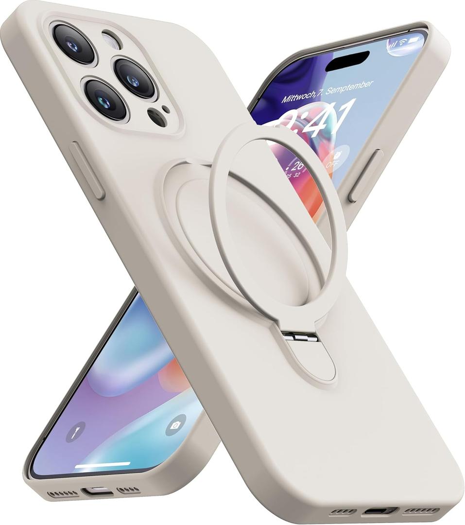 Magnetic Stand for iPhone 12 Pro Case, Liquid Silicone Case, [Compatible with MagSafe][Built-in Kickstand&Ring Holder] Anti-Scratch Soft Microfiber Lining, Stone