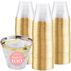 Prestee 100-Pack 9oz Gold Rimmed Plastic Cups Disposable Wine Glasses for Charcuterie, Weddings, Parties, and Events - Elegant Cocktail and Drinking Cups for Champagne, Martini, and Mocktails