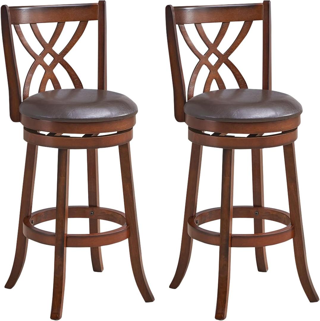 Bar Stools Set of 2, 360° Swivel Chairs with Rubber Wood Frame, 30-Inch PU Leather Cushioned Seat and Footrests, for Kitchen Island, Dining Room, Bar (Brown-30 inches, 2 stools)