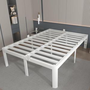 16 Inch White Bed Frame Queen Size, Metal Platform Queen Bed Frame with Anti-Slip Baffles, No Box Spring Needed, Heavy Duty Steel Support, Round Corner Legs, Noiseless, Storage Space