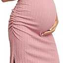 AISWI 2024 Ribbed Summer Maternity Bodycon Dress Sleeveless Halter Neck Ruched Slit Pregnancy Long Dress Baby Shower Casual, Pink, Large
