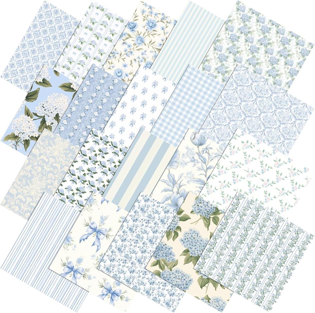 Tudomro 100 Pcs Blue Floral Fabric Squares Bundles 10 x 10 Inch Cotton Hydrangea Quilting Fabric Blue Spring Flower Fat Quarters Printed Cloth Quilt Patchwork Material for Sewing DIY Crafts Supplies