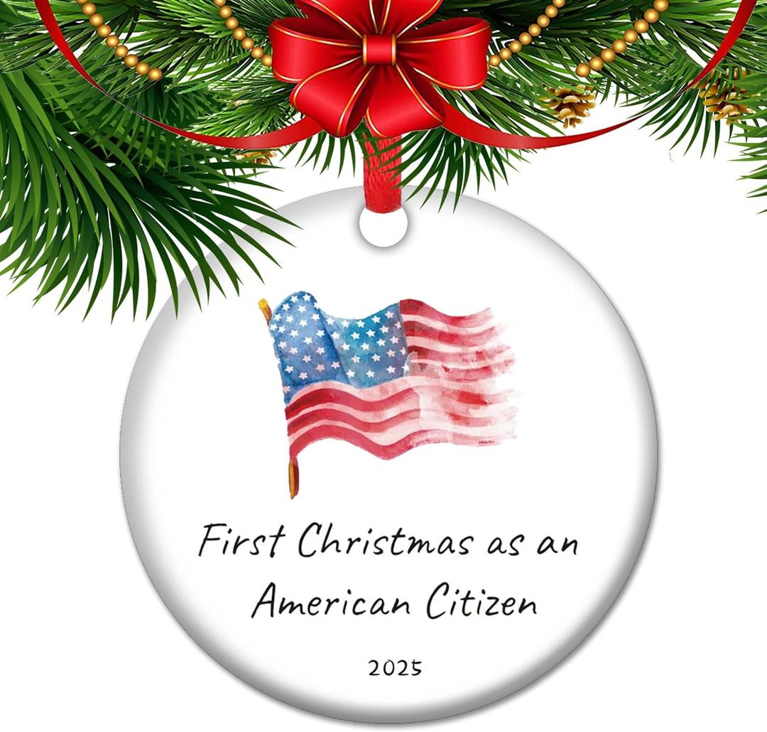 First Christmas As American Citizen Ornament, 2025 New Citizen Gift Immigration Keepsake Patriotic Decor Ceramic Ornament, Pound of U.S. Citizen (T01)