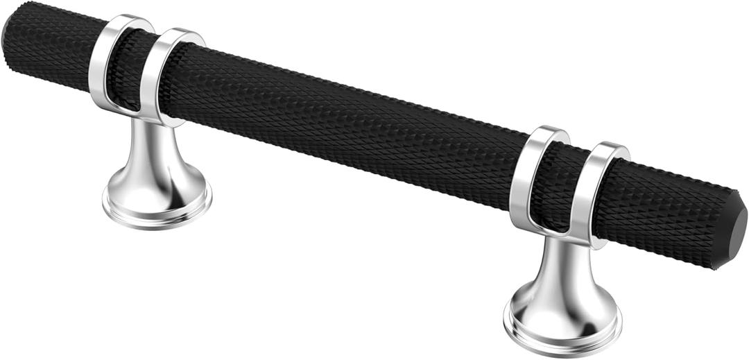 Alzassbg 10 Pack Matt Black and Silver Cabinet Pulls, 3 Inch(76mm) Hole Centers Kitchen Hardware Knurled Cabinet Handles for Cabinets and Drawers AL3087CP-MB