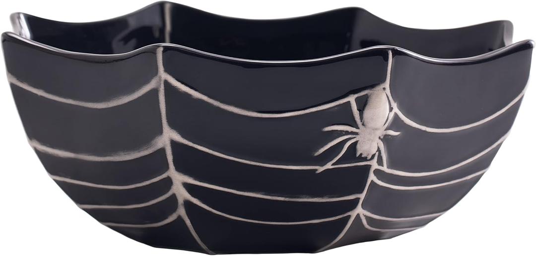 Bico Halloween Spider Web 9.5 inch Black Candy Ceramic Serving Bowl, for treats, chocolates, cookiess, Microwave and Dishwasher Safe