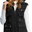 PESION Womens Packable Military Utility Vests Outerwear Waterproof Windbreaker Jacket Cargo Vest with Removable Hood (Black, XL)