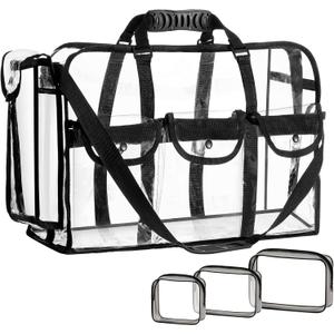 Sanwuta Large Clear Duffle Bag 20 x 12 x 7 Inches See Through Makeup Tote Bag with Pockets and 3 Small Cosmetic Pouch Transparent Toiletry Organizer Waterproof for Travel Work Artist Gym Sport Event