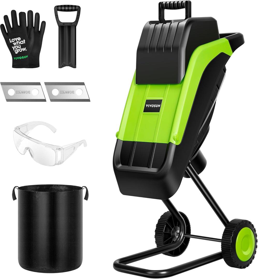 VIVOSUN 15-Amp Electric Wood Chipper Shredder with 1.57" Hopper & 50L Collection Bag, Includes Plunger, Extra Carbon Blades, Safety Goggles & Gloves for Yard Waste, Branches, and Leaves (Green)