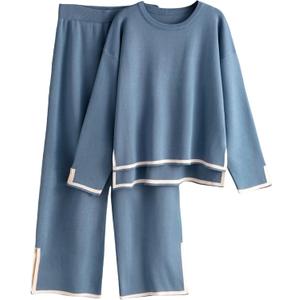 Tanming Women's 2 Piece Outfits Long Sleeve Knit Sweater Top Wide Leg Pants Lounge Sets Tracksuits (Blue, M)