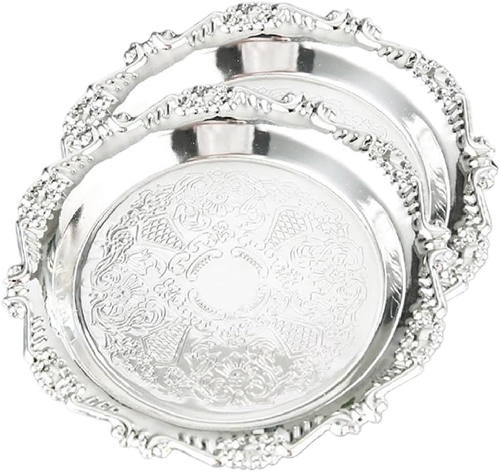Silver Decorative Tray Set of 2, 8'' Round Vintage Metal Vanity Tray for Perfume, Small Ornate Jewelry Dish, Bathroom Counter Organizer, Coffee Table Decor