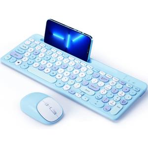Bluetooth Keyboard and Mouse Wireless, MultiDevice Rechargeable Keyboard and Mouse Combo with Phone Holder (Bluetooth 5.0+3.0+2.4GHz) Quiet Ergonomic Compatible with Mac/Windows/iOS/Android (Blue)
