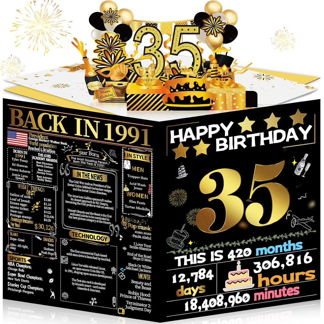 Joycard 35th Birthday Card for Women Men, 3D Pop Up Happy Birthday Gift for Her Him, Funny 35 Year Old Birthday Decorations for Daughter Son, Back in 1991 Laser Gold Retro Theme