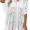 Womens Lace Bathing Suit Cover Up V Neck Beach Coverup Summer Swim Coverups Loose Bikini Beach Dress 2026 (White, XL)