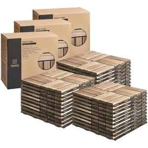 THYOI Deck Tiles, Patio Flooring - Outdoor Waterproof Acacia Wood Tiles for All Weather Use - Balcony, Backyard, Indoor & Outdoor (White Crossed Pattern, 9 Pcs - 30 Square Ft), Golden Teak Pattern