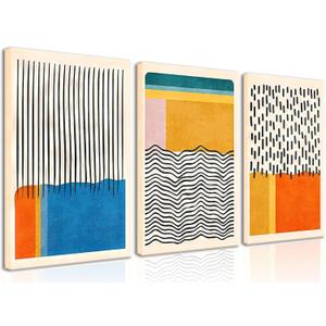 AKWISH Midcentury Modern Framed Wall Art for Living Room Set of 3 Mid Century Modern Abstract Canvas Painting Print Boho Color Blocks Home Decor Colorful Minimalist Pictures for Bedroom 16"x24"x3 (Yellow Blue Black Red)