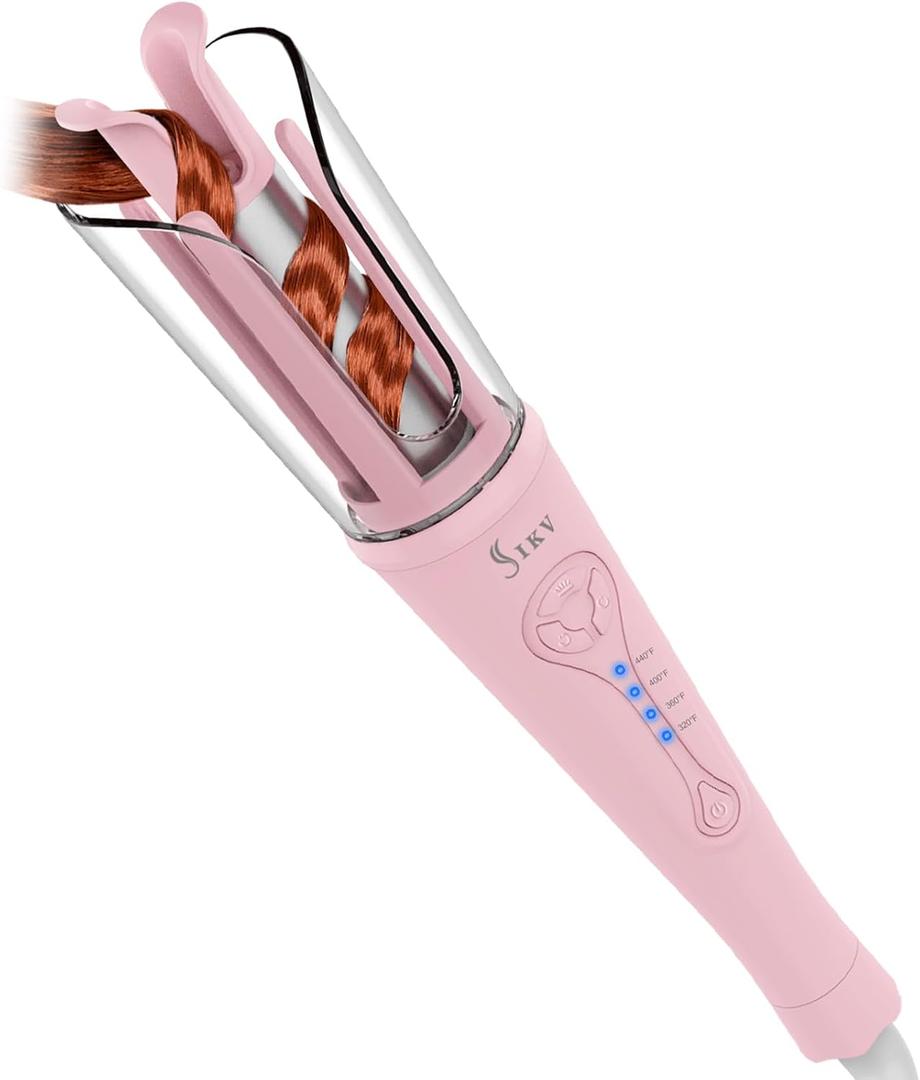 Auto Hair Curler, Automatic Curling Iron 1 Inch Barrel, Rotating Curling Wand with Fast Heating and Anti-Tangle for Hair Styling for Long Hair, Pink
