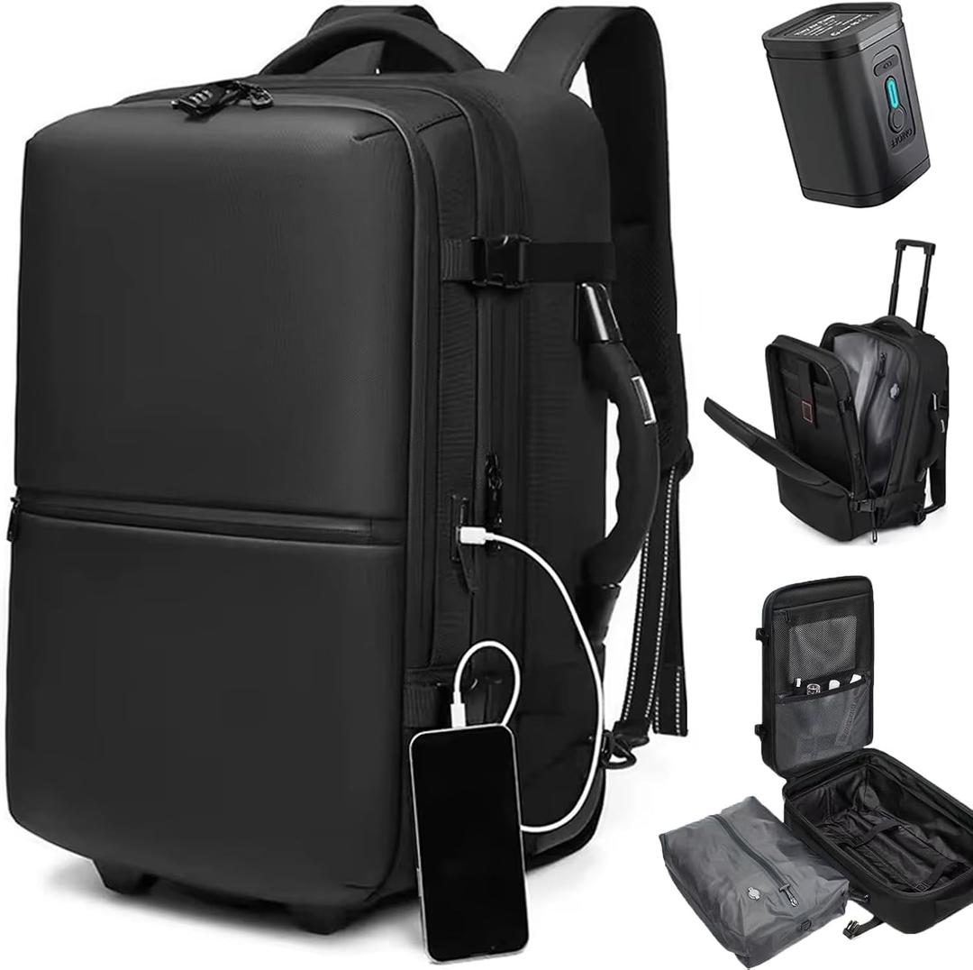 60L Vacuum Compression Backpack with Wheels Expandable Men Waterproof Carry On Luggage Travel Backpacks 17 inch Laptop Backpack Flight Approved(With Pump)