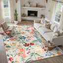PureCozy Beige Area Rug 5x7 Floral Washable Living Room Kitchen Boho Carpet Non Slip Low Pile Indoor Accent Lightweight Soft Throw Rug for Bedroom Office Dining Room Nursery Farmhouse