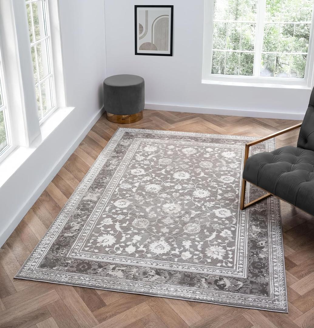 Amber Traditional Floral Area Rug for Living Room, 5x7 Vintage Persian-Inspired Gray Rug, Medium Pile Stain Resistant Carpet for Bedroom, Dining Room or Kitchen (5' x 7', Gray)